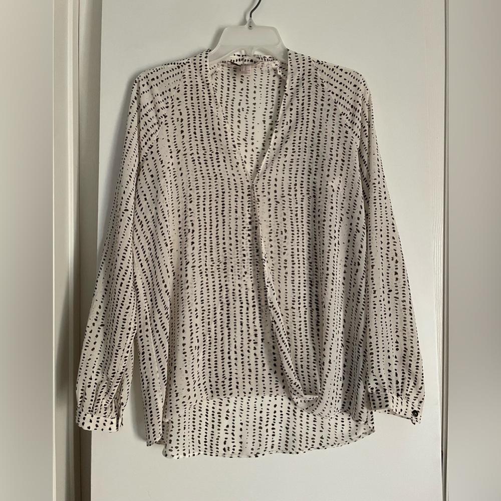 Forever 21 Long Sleeve V Neck Blouse Top Ivory Brown Dots Semi Sheer